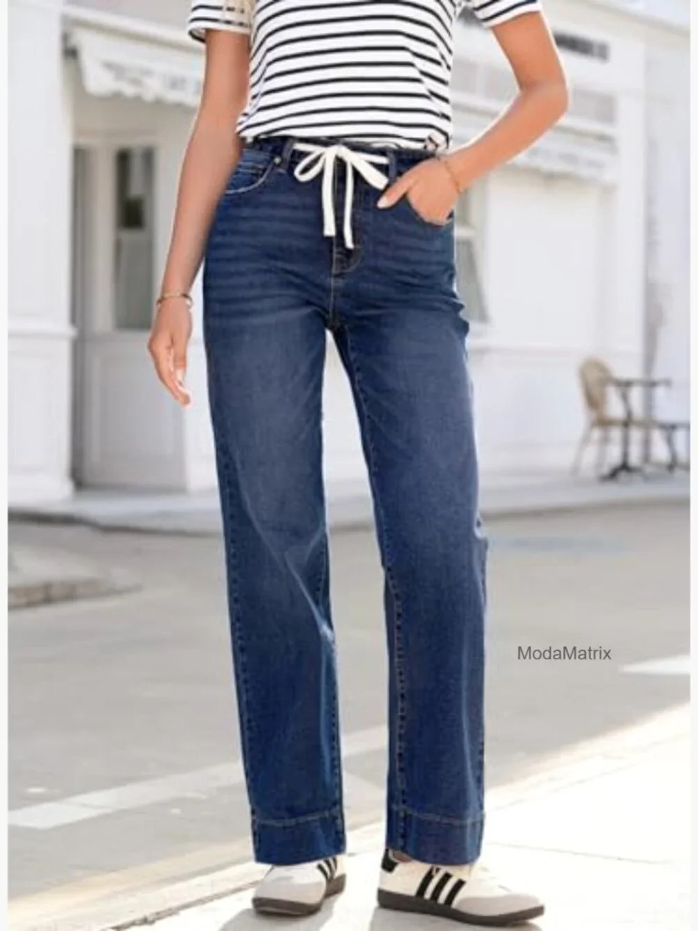 High Waisted Wide Leg Stretchy Jeans with Drawstring - Picture 4 of 7